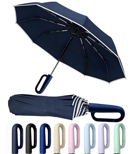 SIEPASA Travel Umbrella with Carabiner Handle - Windproof 10 Ribs Auto Open/Close for Rain & Sun Protection, Compact Portable Clip-on Backpack Design with Safety Reflective Strip. - color: Navy Blue