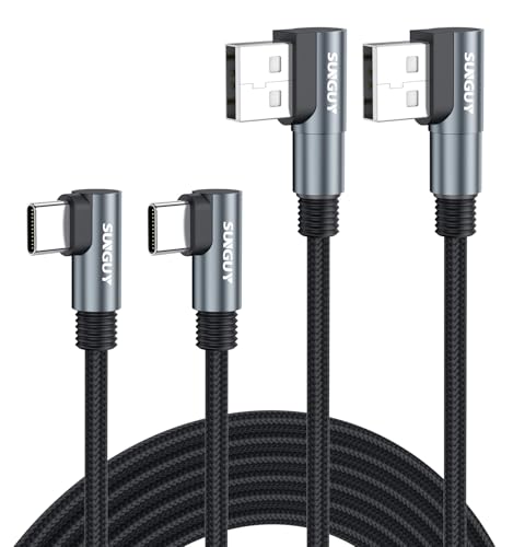 SUNGUY Right Angle USB C Cable 10FT, 2Pack Dual 90 Degree USB A to USB C Cable for Gaming, Switch, Tight Spaces, Type C Fast Charging Cable Braided for iPhone 17/16/15, Samsung Galaxy S26/S25/S24 - size: 10FT
