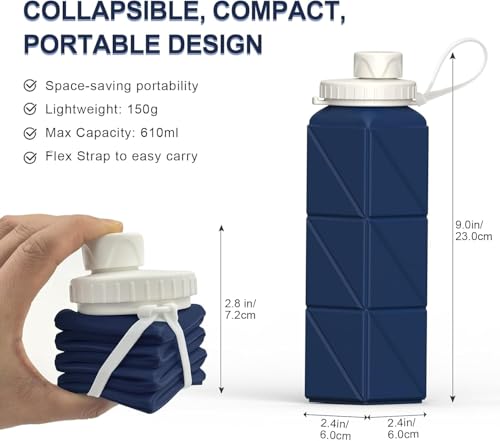 BEAUTAIL Collapsible Water Bottles 21oz/610mL, Silicone Travel Water Bottle - color: Dark Blue+Blue