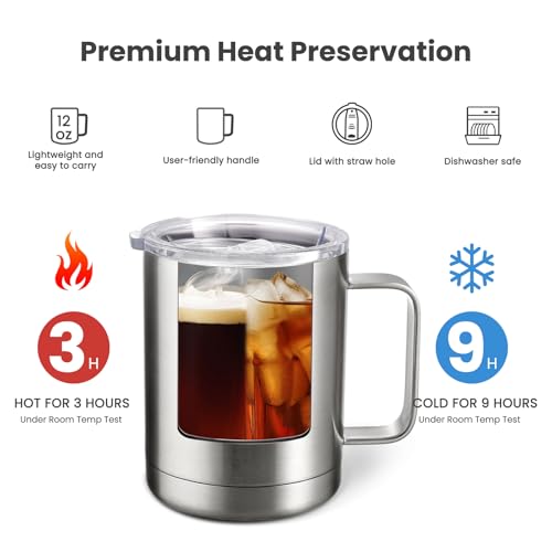 MEWAY 12oz Coffee Mug With Handle,Stainless Steel Insulated Travel Tumblers With Sliding Lid,Double Wall Vacuum Camping Cup for Hot & Cold Drinks Tea (Sliver,Set of 1) - color: Sliver