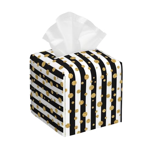 Gold Polka Dot Leather Tissue Holder,Black and White Stripes Square Tissue Box Cover,Modern Decorative Facial Tissue Cube Paper Cover for Car Bedroom Nightstand Vanity Desk Office,5.2" x 5.2" x 5.2" - color: Gold Polka Dot