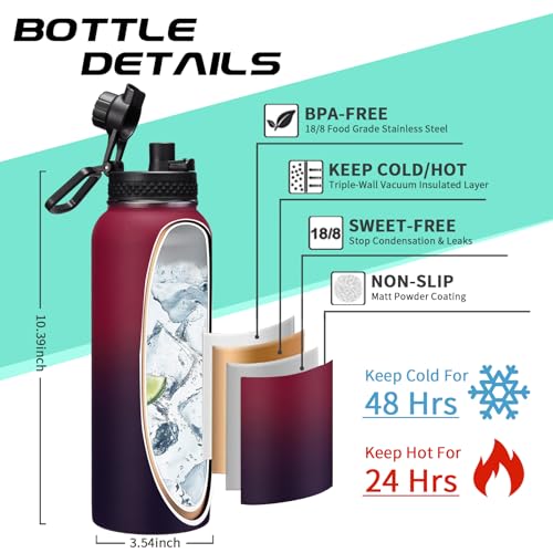 40OZ Stainless-steel Water-Bottle with Straw - Pop-up Spout & Straw Lids, Survival Paracord Handle, Storage Sleeve & Cup Mat, Leak Proof Reusable Insulated Men Women Water Jug for Gym Workout - color: Rose Purple Gradient, size: 40 Ounces