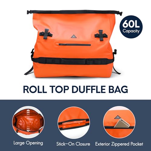 Haimont IPX7 Waterproof Roll-Top Dry Duffel Backpack | 60L/90L Sizes, 500D Tarpaulin, Welded Seams, Mesh Pockets, Boating & Kayaking - color: Orange, size: 60L