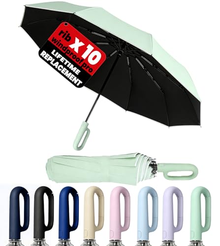SIEPASA Travel Umbrella with Carabiner Handle - Windproof 10 Ribs Auto Open/Close for Rain & Sun Protection, Compact Portable Clip-on Backpack Design with Safety Reflective Strip. - color: UV-Light Green