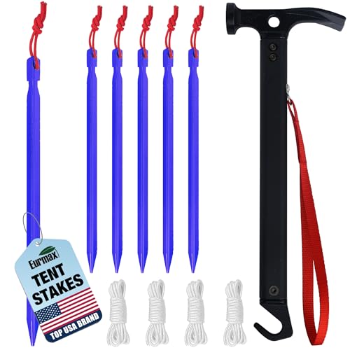Eurmax USA Hiking Camping Tent Stakes and Hammer Set Lightweight Multi-Function Tent Hammer with Tent Stake Remover,Tent Pegs for Camping, Hiking, Backpacking, Gardening(Blue Stakes) - color: blue, style: Stakes&Hammer
