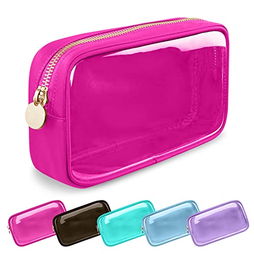 Clear Small Makeup Bag with Zipper, Nylon&PVC Cosmetic Travel Bag Preppy TSA Approved Toiletry Bag for Women Girls, Transparent Waterproof Makeup Pouches Cute Travel Bag for Purse(Small-Hot Pink) - color: Bubblegum-Clear, size: Small