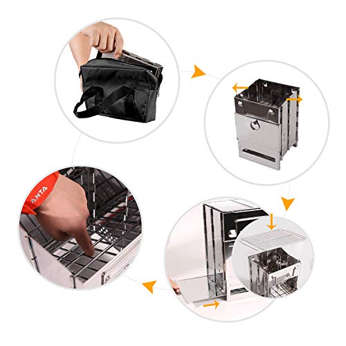 Large Portable Folding Camping Wood Stove for Outdoor Cooking, Sturdy Lightweight 304 Stainless Steel Wood Burning Camp Stove with Grill for Backpacking BBQ Silver - size: Large without Grid and Pot Stand