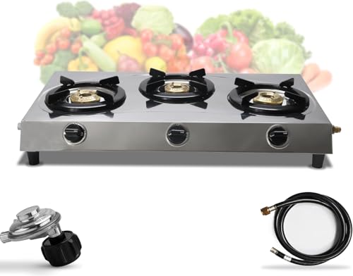 3 Burner Gas Stove Stainless Steel RV Cooktop Portable Camp Stove | Portable 3 Burner Gas Stove Top, Indian Style Gas Stove for Outdoor Grilling Kitchen with Hose & Regulator