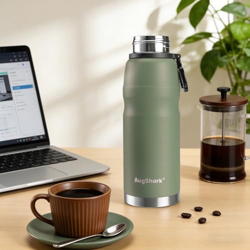 20oz Vacuum Insulated Stainless Steel Thermoses with Foldable Handle & Leakproof Lid, Slim Travel Coffee Cup for Hot/Cold Drinks, Fits Car Cup Holders - color: Green-20oz