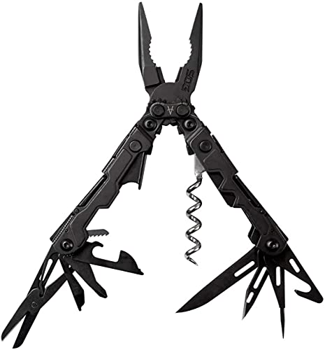 SOG PowerLitre Mini Utility Multi-Tool w/ 19 Lightweight Tools, Compact 5 Inch Long Utility Tool with Knife, Screwdriver, Hex Bit Holder, Black | Compact 5 Inch Long Utility Tool with Knife, Screwdriver, Hex Bit Holder, Utilized both in the pliers and cor