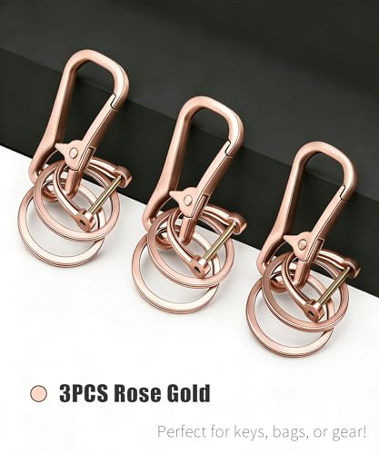 Metal Key Chain Carabiner Clip with Key Ring and D Ring | Heavy duty build, full accessory packs, quick release, multi purpose hook, belt loop holder, separate home and car fob sets - color: 3 Pcs Rose Gold