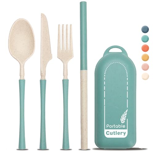 4Pack Folding Cutlery Set with Case, Travel Foldable Collapsible Portable Wheat Spoon Fork Straw Utensil Tableware for Picnic Camping