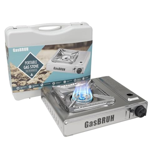 GasBRUH Single Butane Camping Stove with Windblocker, 10000BTU Stainless Steel Portable Camping Stove with Carry Case,Gas Stove for Camping,Tailgating,Outdoor Cooking,Emergency(Fuel not included) - color: Silver