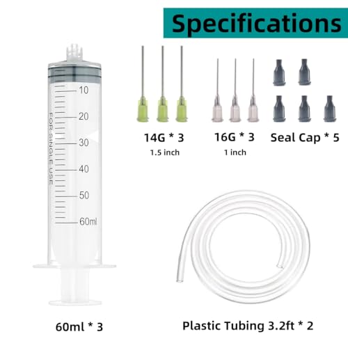 3 Pack 60ml Glue Dispenser Accessories with 3.2ft Plastic Tubing, 14ga,16ga Dispensing Accessories and Caps for Measuring and Refilling - size: 3 Pack (60ml)