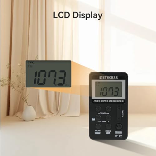 Retekess V112 AM FM Pocket Radio, Digital Radio with Earphone(Black) | for Walking, Jogging, Training,Rechargeable Battery, LCD Display - color: Black