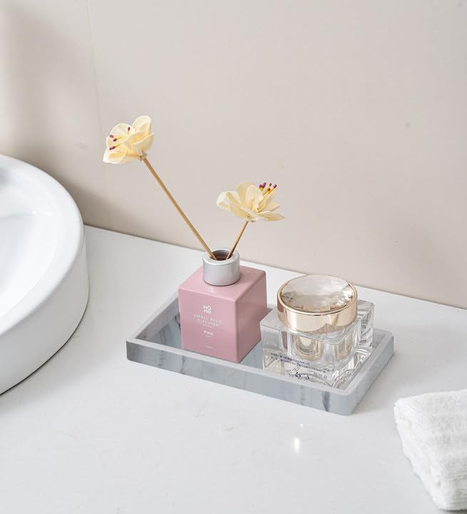 2PCS 7.87” L x 3.93” W Silicone Soap Dispenser Trays, Bathroom Sink Vanity Tray for Dresser Tops, Toilet, Tray for Scrubber, Lotion Bottles, Perfume, Jewelry, Candle, Key Trinket Ring-White Marble - color: Marble Gray（2pcs Small 7.87”）