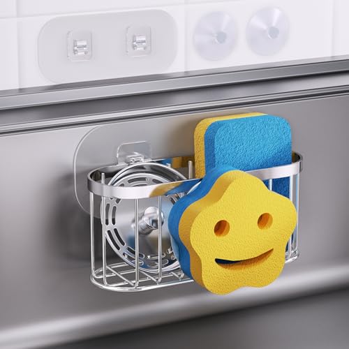 HapiRm Sink Caddy Sponge Holder - 2 Installation Ways Kitchen Sink Organizer with Smiley Face Sponge Holder, Stainless Steel Kitchen Caddy - Silver - color: Silver, size: with Smiley Sponge Holder (Large)