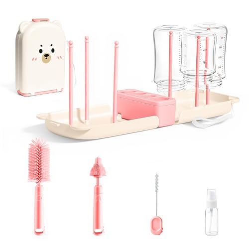 LEQXGO Travel Baby Bottle Cleaner Kit with Storage Case, 7-in-1 Baby Bottle Brush Set with Drying Rack for Breast Pump Parts, Bottle Washing Kit - Baby Travel Essential for Flying & On-the-Go (Pink) - color: Pink