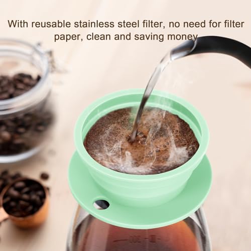 Collapsible Travel Pour Over Coffee Maker Camping, Paperless Silicone Collapsible Pour Over Coffee Dripper with Metal Coffee Filter, Portable Coffee Strainer Pour Over Cup Single Serve (Green) - color: Green