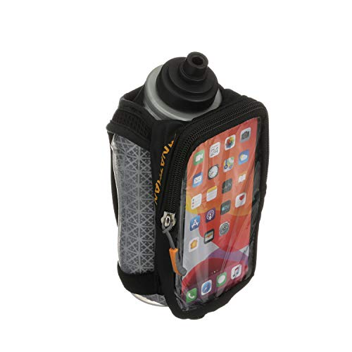 Nathan SpeedView Insulated Handheld Running Water Bottle Flask 18oz – Double-Wall Insulation, Ergonomic Grip, Blast Valve Cap, Phone & Key Storage Pockets, Reflective Design - color: 18oz Flask Clearview - Black