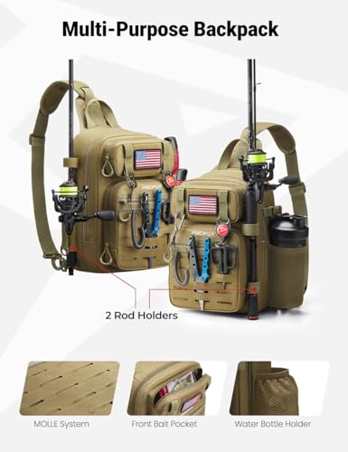 Piscifun Fishing Backpack Tackle Bag with 2 Rod Holders, Multi-Compartment Storage, MOLLE System, Water-Resistant Lightweight Outdoor Pack,Single Shoulder Black Camouflage Standard | Water-Resistant Lightweight Outdoor Pack, fits 3×3600 boxes, reinforced