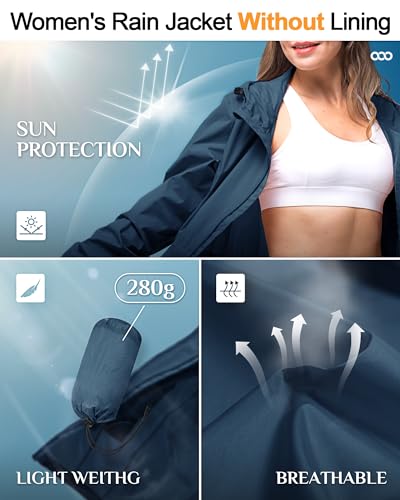 33,000ft Women's Waterproof Long Rain Coats Packable Rain Jacket with Hood Trench Coats Windbreaker - color: Dark Blue, size: Medium