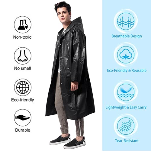 Rain Ponchos for Adults Reusable, 2-5 Pack Raincoat for Women Men, Waterproof Rain Coat Gear with Hood Drawstring - color: Black X2