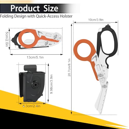 6-in-1 Multifunction Trauma Shears for emergency responders, outdoor camping emergencies, medical staff, Foldable High-Strength Stainless Steel Scissors Tools With Utility Holster (Black orange) - color: Black Orange