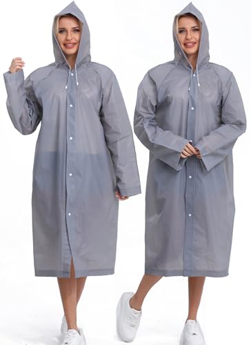 2-Pack Reusable Rain Ponchos for Adults, HOOMBOOM Raincoats Emergency for Women/Men with Drawstring and Sleeves - color: Grey
