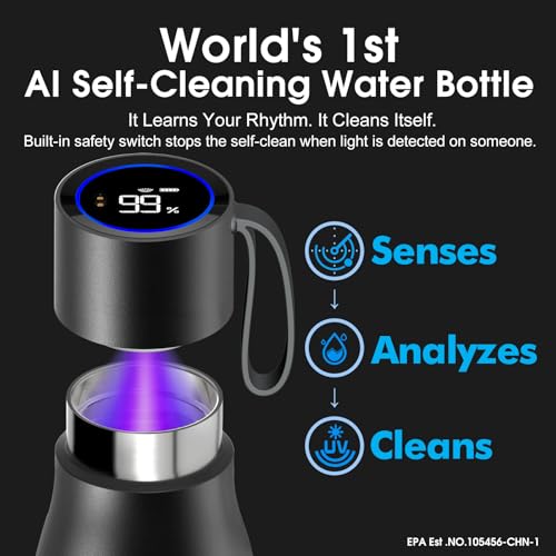 VSITOO S1 Pro 15oz Insulated Stainless Steel Self-Cleaning Water Bottle | Mini 15oz Insulated Bottle With Auto Self-Cleaning, App or Touchscreen Control, Temp Display, 30-Day Battery & 24H Cold - color: Black, size: 15 Ounces