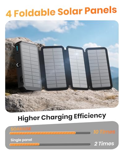 Solar Power Bank 48000mAh Built in 4 Cables, Wireless Portable Charger | Solar Charger with 4 Solar Panels, Wireless Charging, Built in 4 Cables, PD QC 3.0 Fast Charging, Flashlight for Camping - color: Black