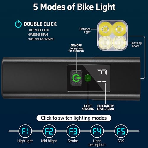 USB Rechargeable 1800 Lumens Bike Light,4000mAh Battery with Power Bank Function,5 Light Modes Waterproof Bicycle Lights for Road, Mountain, Cycling