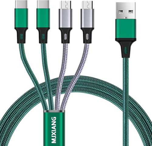 MJXIANG 2-Pack Multi Charger Cable 4 in 1, 4FT Braided Fast Charging 3A | with 2 Type C&2 Micro USB Ports, for iPhone 17 16 15 Series, Android Cell Phones Tablets, Four Devices/Travel/Game/Car/Home