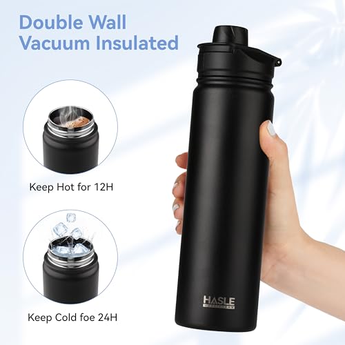 HASLE OUTFITTERS Insulated Water Bottle 22 oz Double Wall Stainless Steel Water Bottle Wide Mouth with Straw Lid & Spout Lid Keeps Cold or Hot(Black,4) - color: Black, size: 22oz- 4 Pack