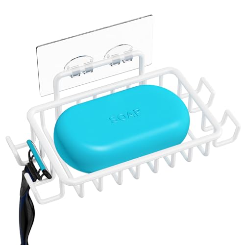 Nieifi Bar Soap Holder for Shower Wall, Adhesive Soap Dish for Bathroom | Stainless steel, razor holder, 4 hooks, soap dish for shower, wall mounted, soap caddy, sponge holder, rustproof, white - color: White, size: 1 Pack