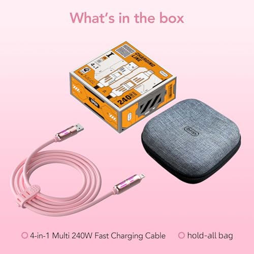 MFish 240W 4-in-1 Fast Charging Cable, Pink, 10FT | Carrying Case, USB-A & USB-C to USB-C/Lightning, For iPhone 17/16/15/14, MacBook, iPad, Laptop, Samsung S25/S24 - color: Pink, size: 10FT