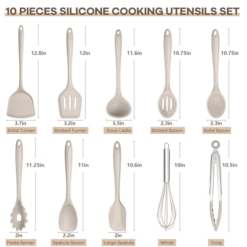 TeamFar Silicone Cooking Utensils, 10 pcs Kitchen Cooking Utensils Set | Heat Resistant Kitchen Gadgets Tools Set w/Spatula, Turners, Spoons, Soup Ladle, Pasta Server for Nonstick Cookware, Khaki - color: Khaki