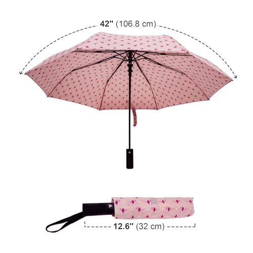 Nollia Compact Travel Umbrella with Auto Open – Windproof Folding Umbrella, Lightweight & Portable for Rain - color: Pink Flamingo