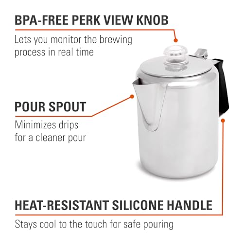GSI Outdoors Percolator Coffee Pot I Glacier Stainless Steel with Silicone Handle for Camping, Backpacking, Travel, RV & Hunting - Stove Safe - size: 9 cup