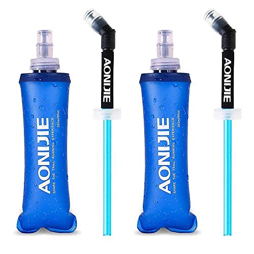 AONIJIE TPU Soft Flask Water Bottle Collapsible Running Flask for Hydration Pack, BPA Free, Wide Opening, for Outdoor Sports Hydration - color: A#250ml with straw- 2 Pcs