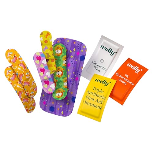 Welly First Aid Kit - Bravery Badges in Flexible Fabric and Waterproof, Singe Use Ointments Triple Antibiotic, Cleansing Wipes and Hydrocortisone - 70 Count