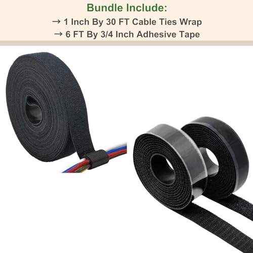 ECOHomes Bundle - 1 Inch By 30 FT Cable Ties Wrap + 6 FT By 3/4 Inch Hook Loop Adhesive Tape