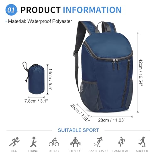 Hiking Backpack 20L Foldable Daypack for Men Women Nylon Blue | Packable Backpack for Men Women, Small Foldable Day Pack Waterproof for Travel Camping Mountaineering - color: Blue