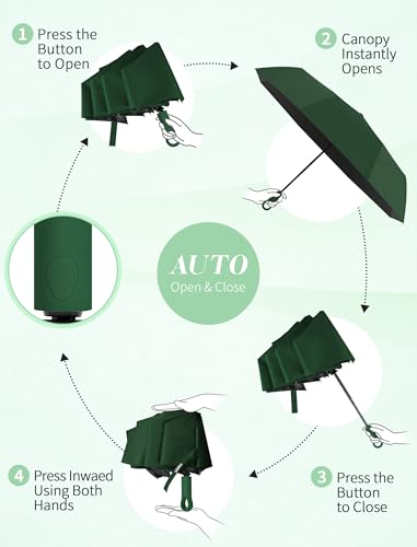 Seniny Umbrellas for Rain with Ring Buckle - Travel Umbrella Compact for Backpack, Car, Walking, Automatic UV Umbrella for Sun Protection, Small Portable & Folding Umbrellas for Windproof, Women Kids - color: Dark Green