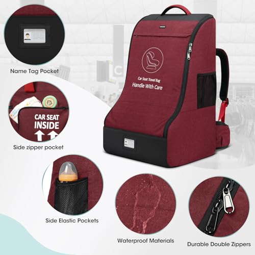 RAINSMORE Padded Car Seat Travel Bag for Airplane Car Seat Backpack, Red - color: Red&Black