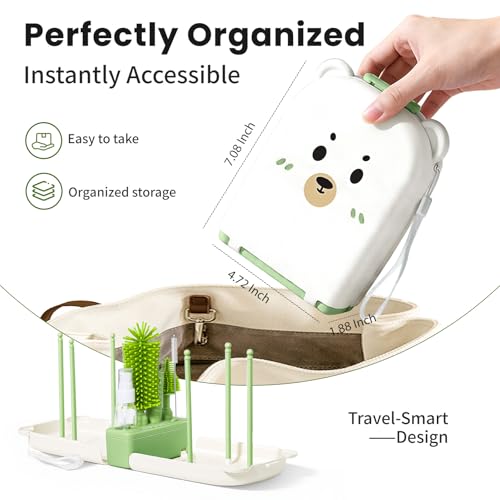 LEQXGO Travel Baby Bottle Cleaner Kit with Storage Case, 7-in-1 Baby Bottle Brush Set with Drying Rack for Breast Pump Parts, Bottle Washing Kit - Baby Travel Essential for Flying & On-the-Go (Green) - color: Green