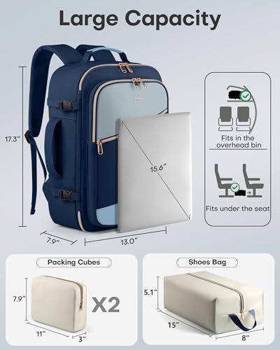 HOTOR Travel Backpack Women, 3 Packing Cubes Carry on Luggage - color: Blue, size: 17.3" x 13.0" x 7.9"