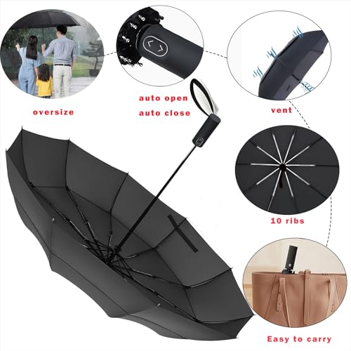 MRTLLOA Compact Golf Umbrella, 10 Ribs Vented Windproof Travel | 49/54/62 Inch Large Oversize, Double Canopy, Quick-Dry Fabric, Lightweight, Umbrellas for Rain - color: Black, size: 54 Inch