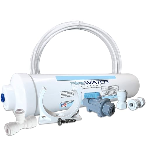 PureWater Filters Inline Water Filter Kit for Ice Makers, 1/4-Inch | Quick-connect fittings, 15 ft NSF water line, T-connector, reduces chlorine, taste & odor, made in USA, 1-year filter