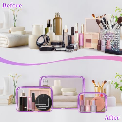 TISRATOK 12 PCS Clear Makeup Bags with Zipper, TSA Approved Toiletry Pouch - color: Purple, size: Large
